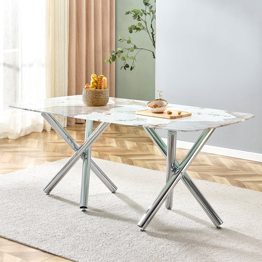 Jaxsen Faux Marble Dining Table with Silver Legs & White Top