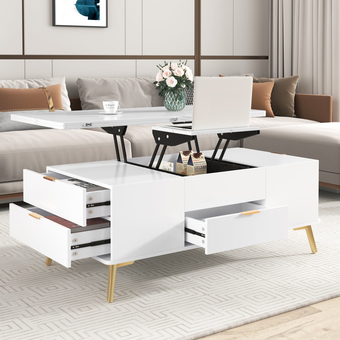 Dawes Modern Lift Top Coffee Table Multi Functional Table with Drawers in  White