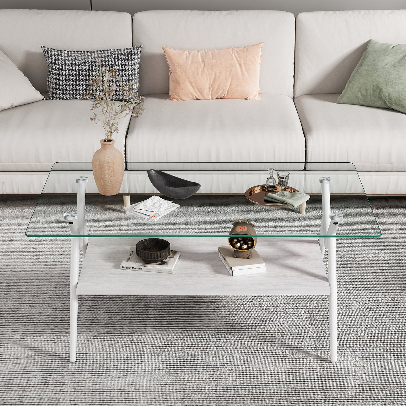 Waylon Modern Gray Glass Top Coffee Table, White