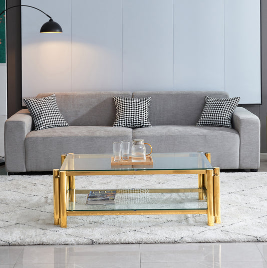 Cassius Modern Glass Top Coffee Table with Shelf, Gold