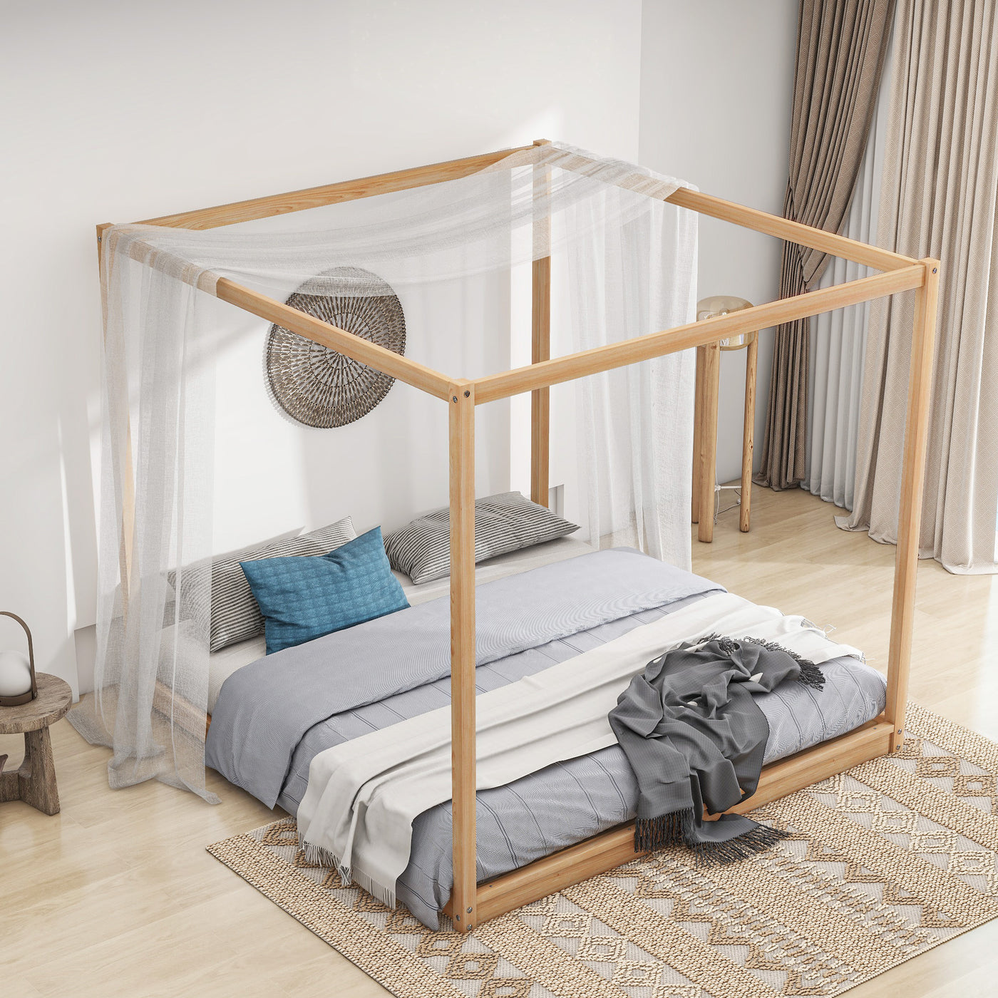 Beatrix King Size Canopy Platform Bed with Support Legs, Natural