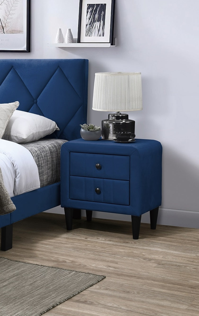 Olivia 2-Drawer Velvet Nightstand with Black Legs, Navy Blue