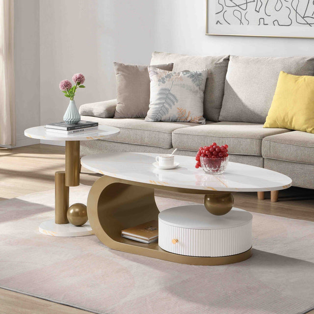 Flossie Modern Oval Nesting Table Set with Faux Marble Top, Brown & White