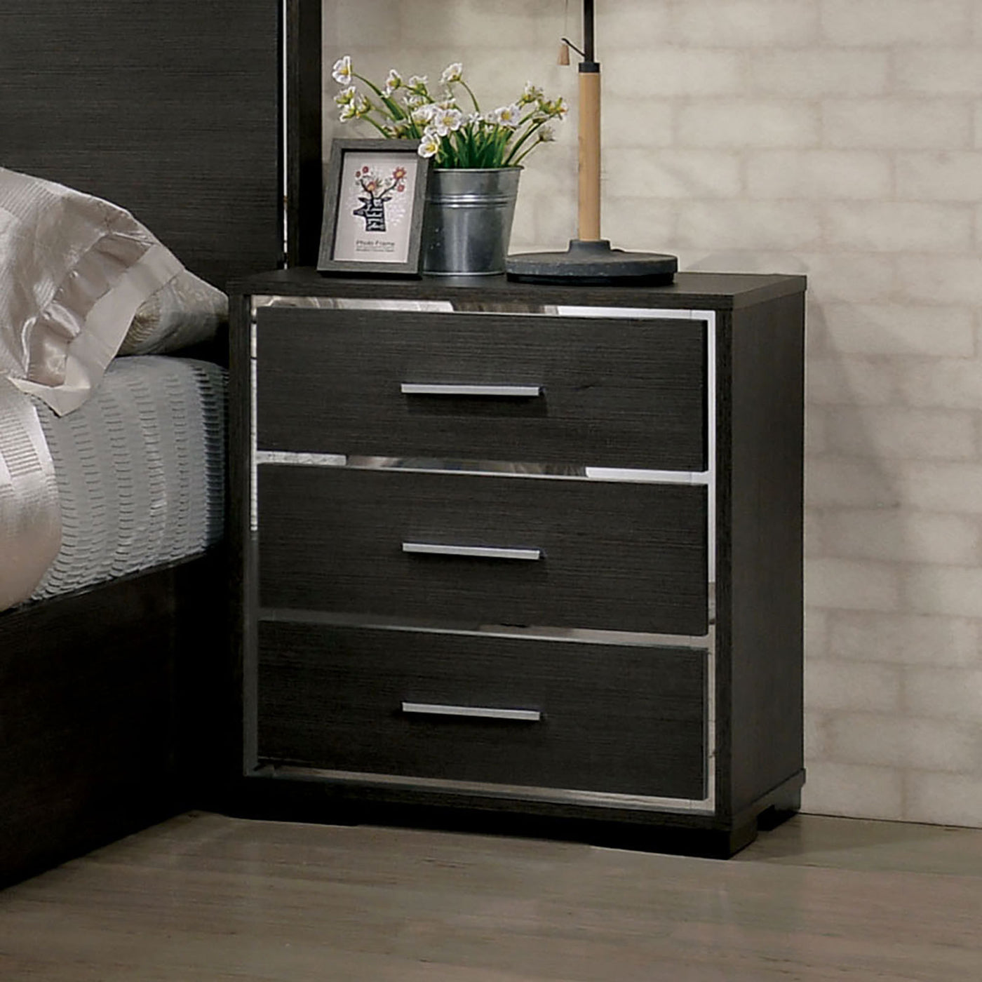 Harper Contemporary 3-Drawer Nightstand with Chrome Trim