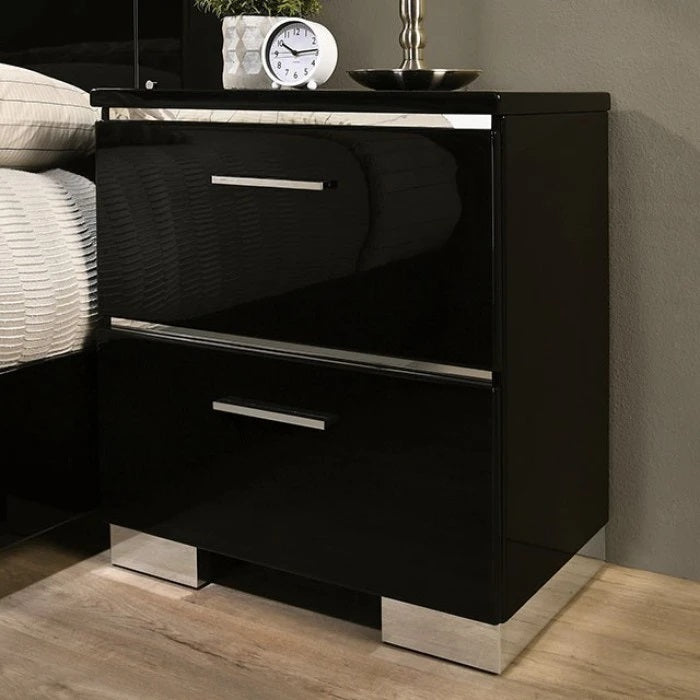 Carlie 2-Drawer Nightstand in Black High Gloss Finish w- Silver Accents