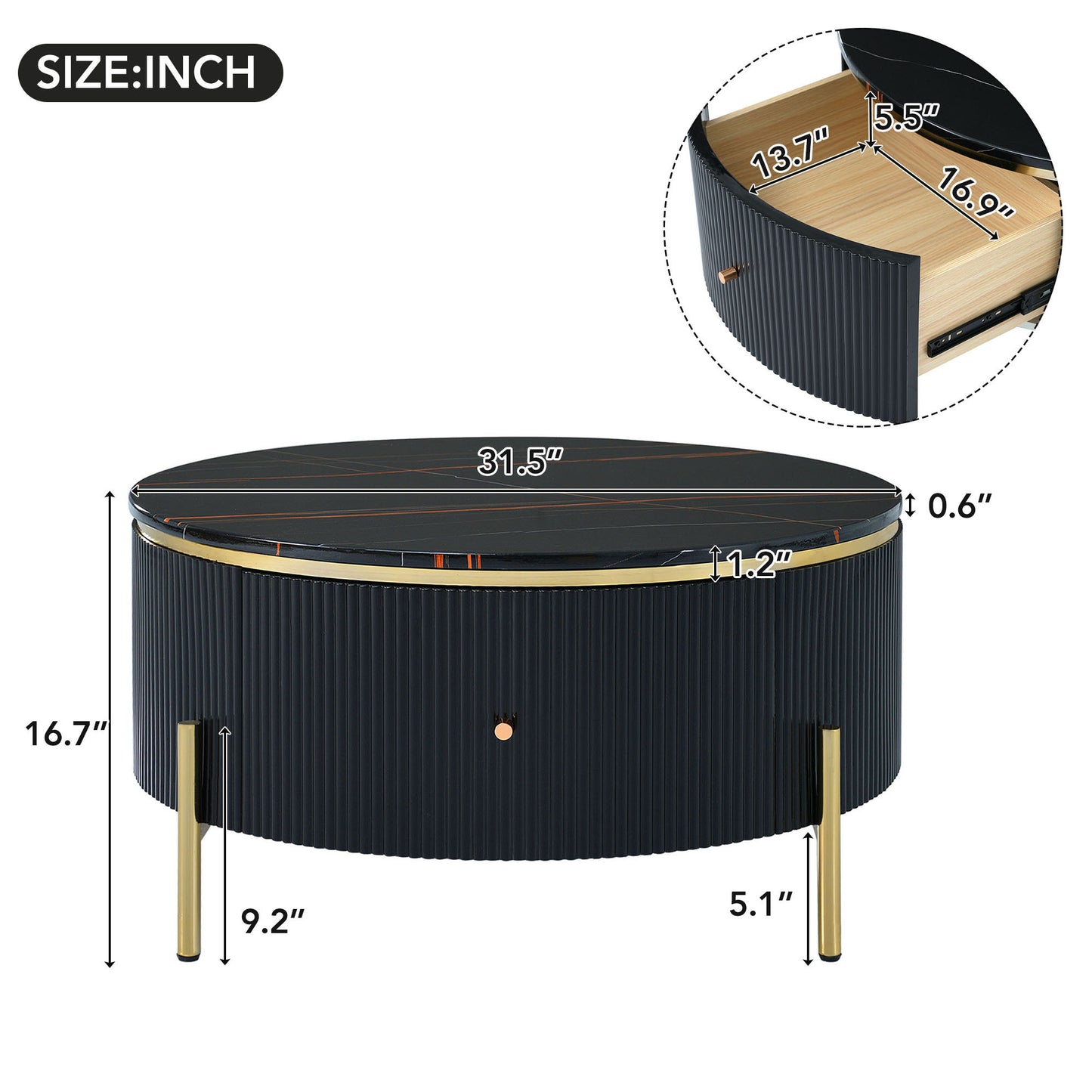 Mireille Modern Round Coffee Table with Storage - Black & Gold