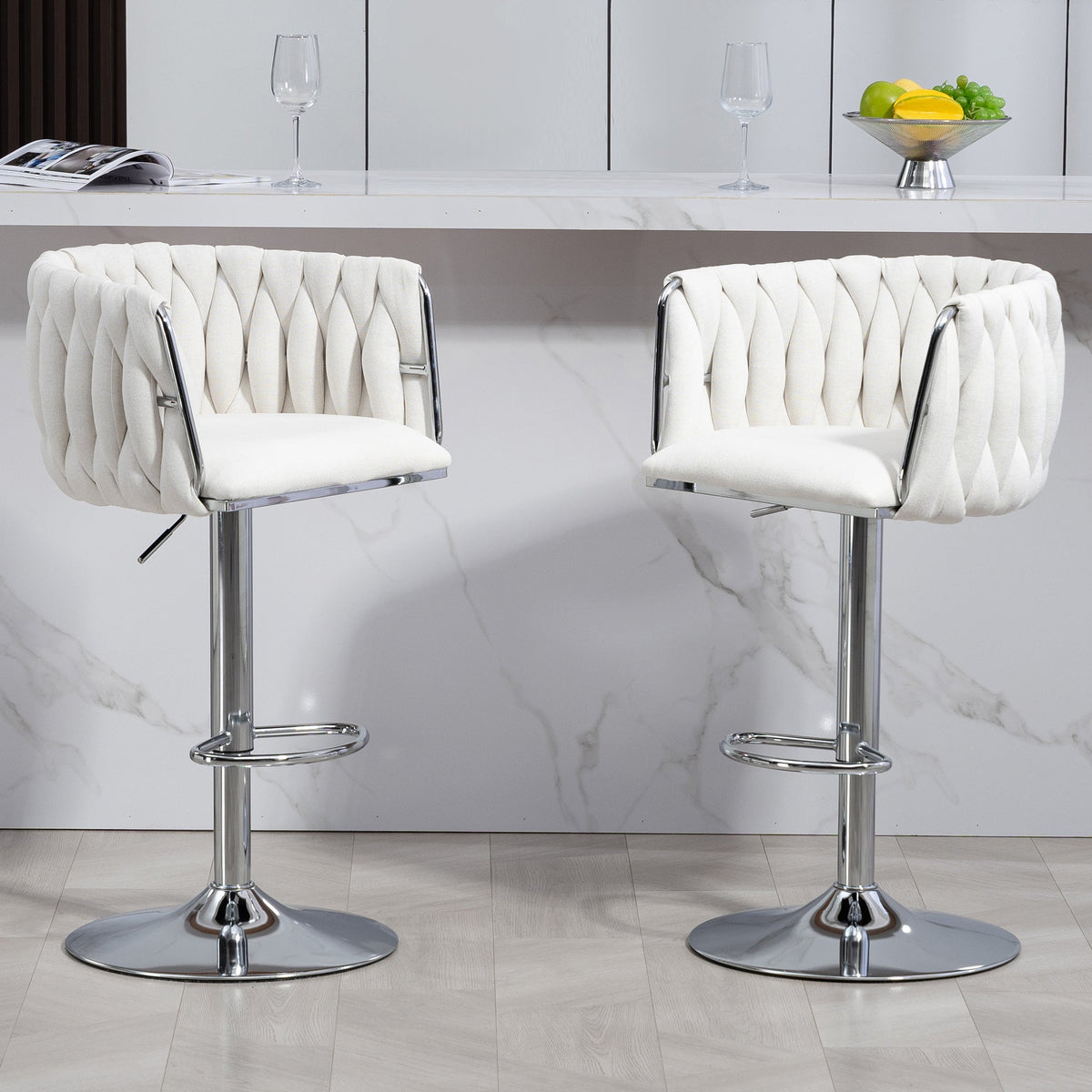 Stylish Fabric 360 Swivel Bar Stools with Woven Back and Adjustable Height Set of 2 Beige