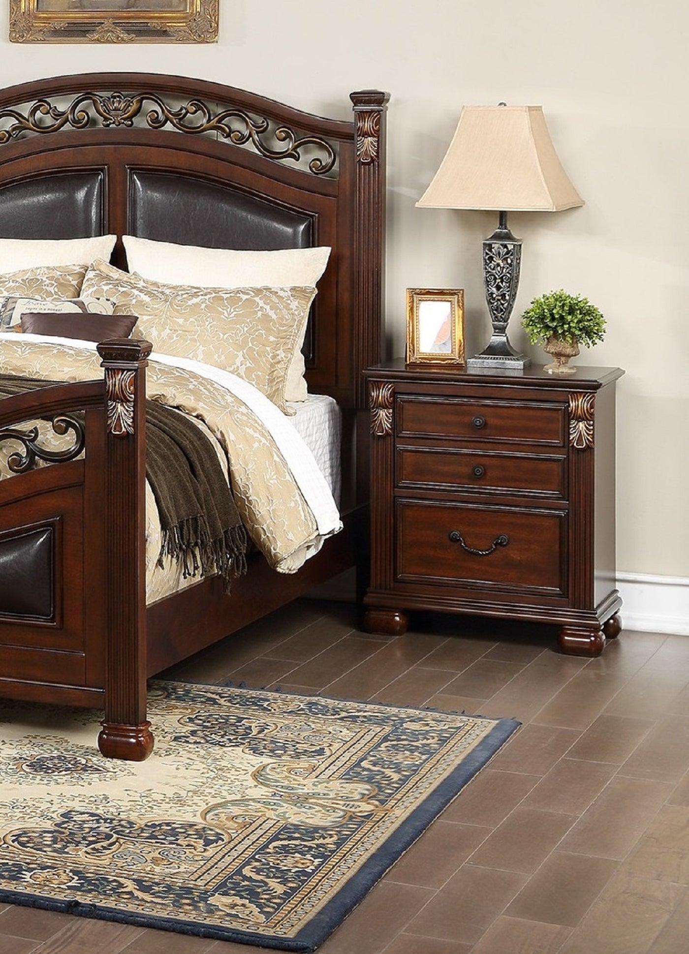 Emma Traditional Brown Cherry Finish 3-Drawer Nightstand