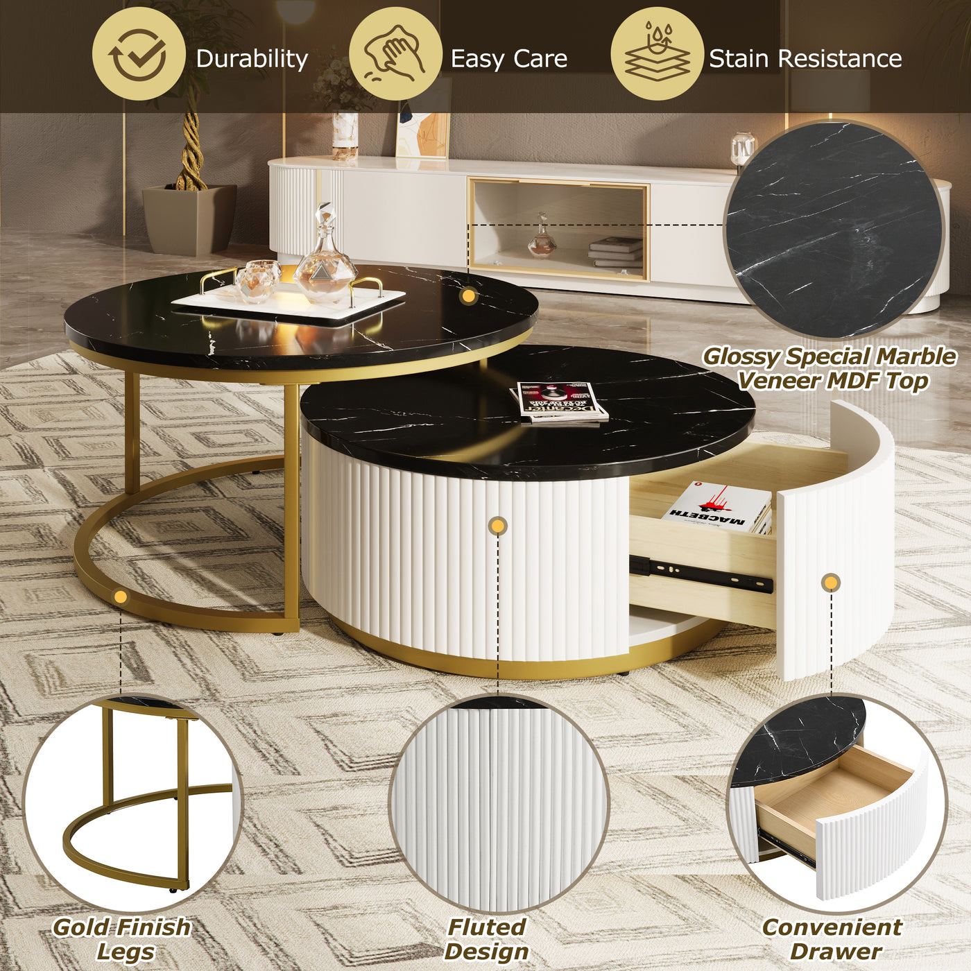 Liora Modern Nesting Coffee Table in White Black & Gold