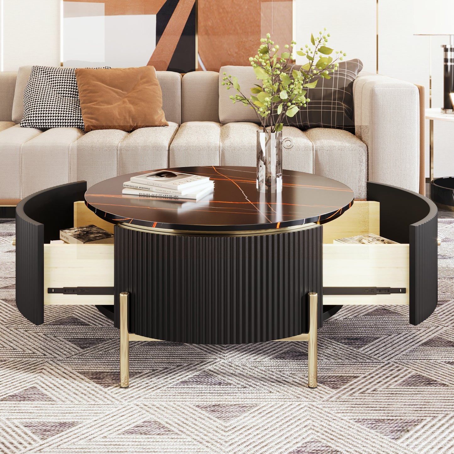 Mireille Modern Round Coffee Table with Storage - Black & Gold