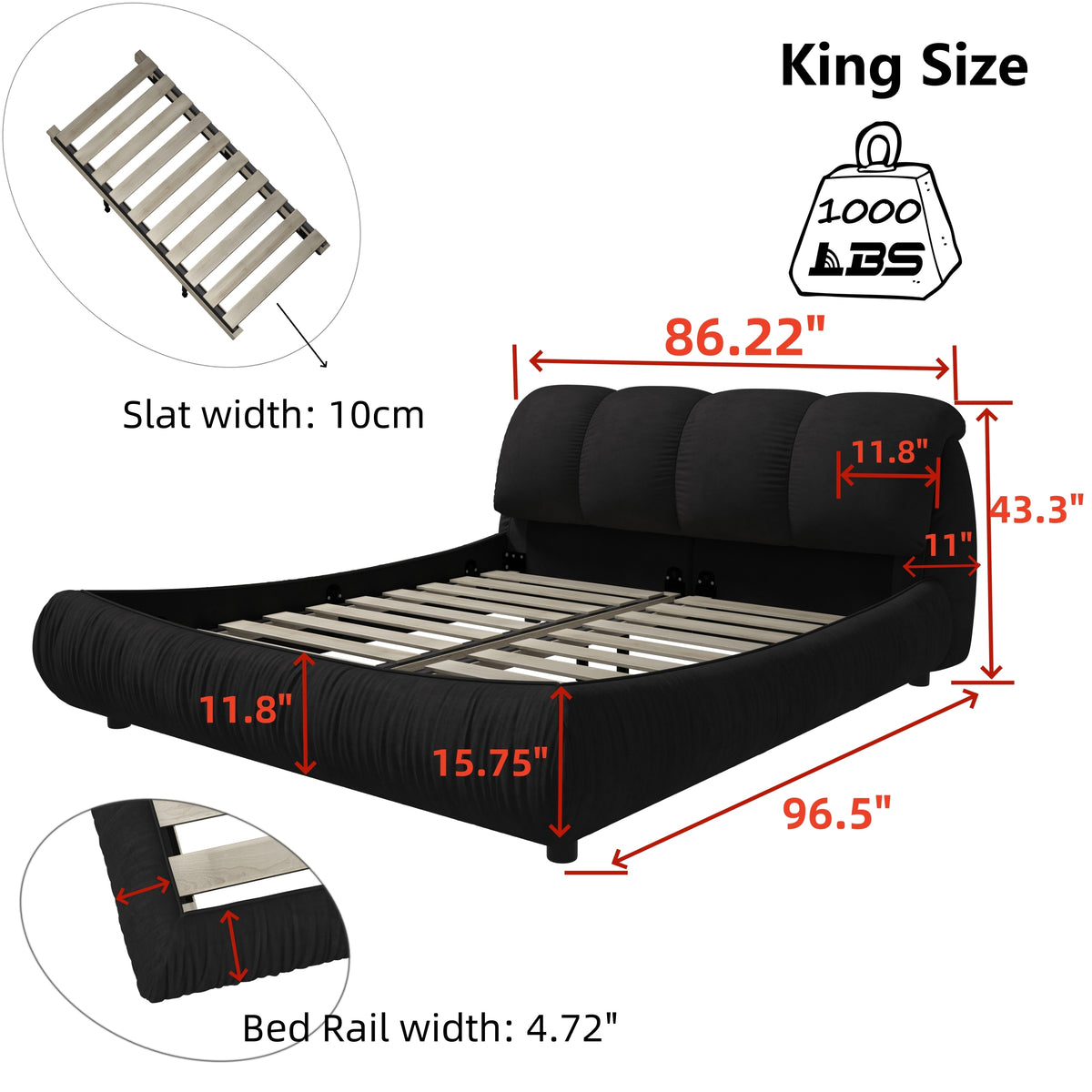 Calista King Platform Bed with Oversize Padded Headboard, Black