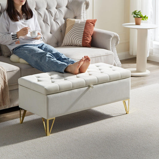 Maddison Beige Storage Ottoman with Golden Legs