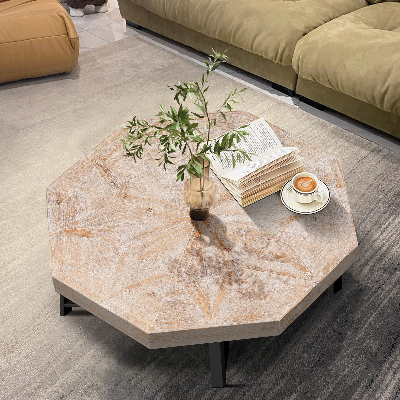 Eulalia Vintage Octagonal Shape Patchwork Craft Wooden Coffee Table, Antique Natural
