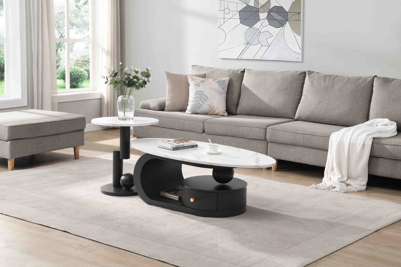 Flossie Modern Oval Nesting Table Set with Faux Marble Top, Black & White