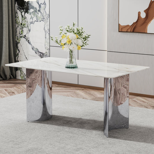 Sasha Modern Faux Marble Dining Set the Silver Legs - White & Silver