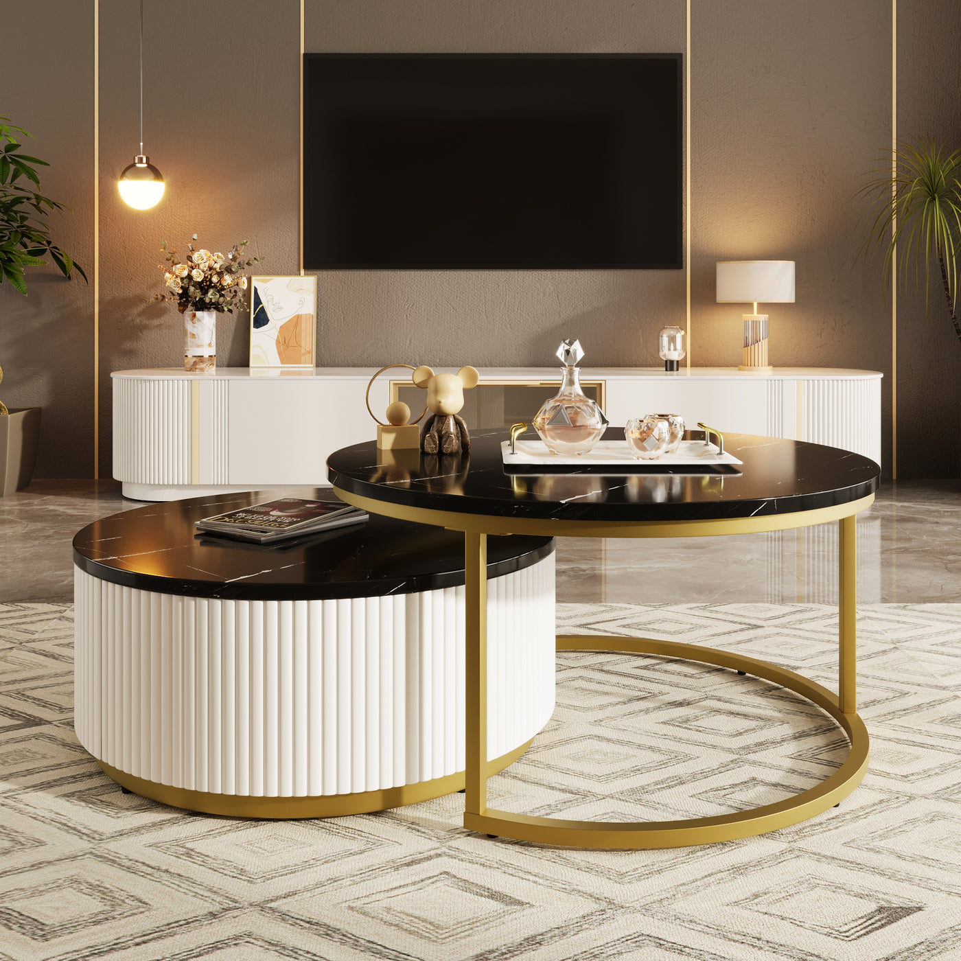 Liora Modern Nesting Coffee Table in White Black & Gold