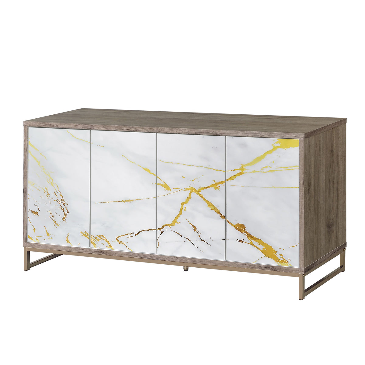 Paavan White Marble Paint Oak & Champagne Finish Console Cabinet