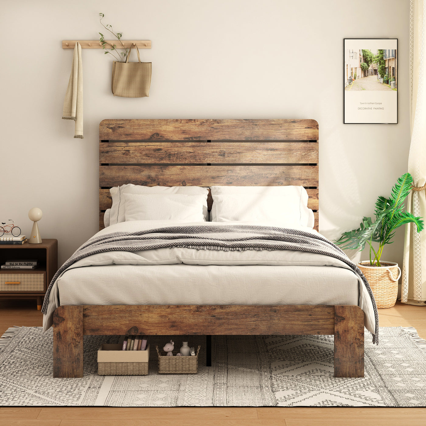 Vespera Rustic Queen Wooden Platform Bed in Dark Brown