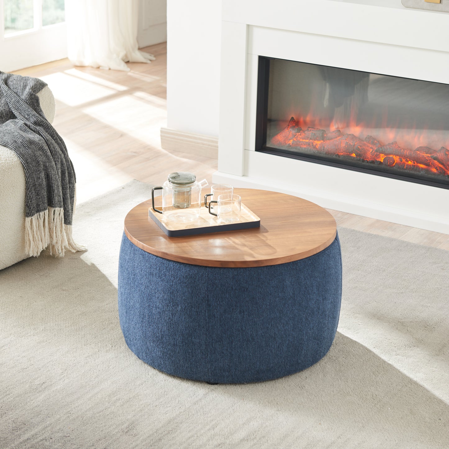 Jules Round Upholstered Storage Ottoman with Wooden Top, Blue