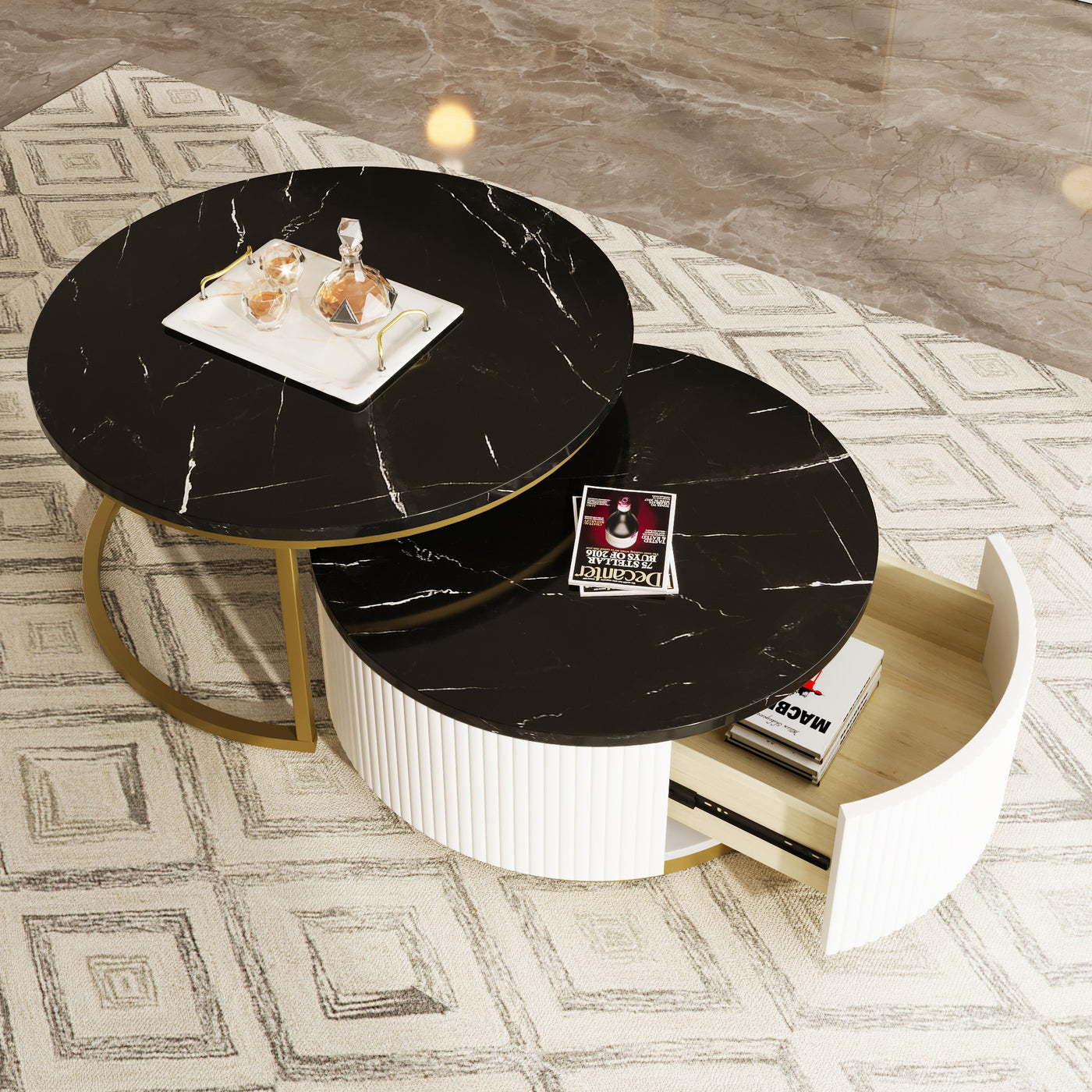 Liora Modern Nesting Coffee Table in White Black & Gold
