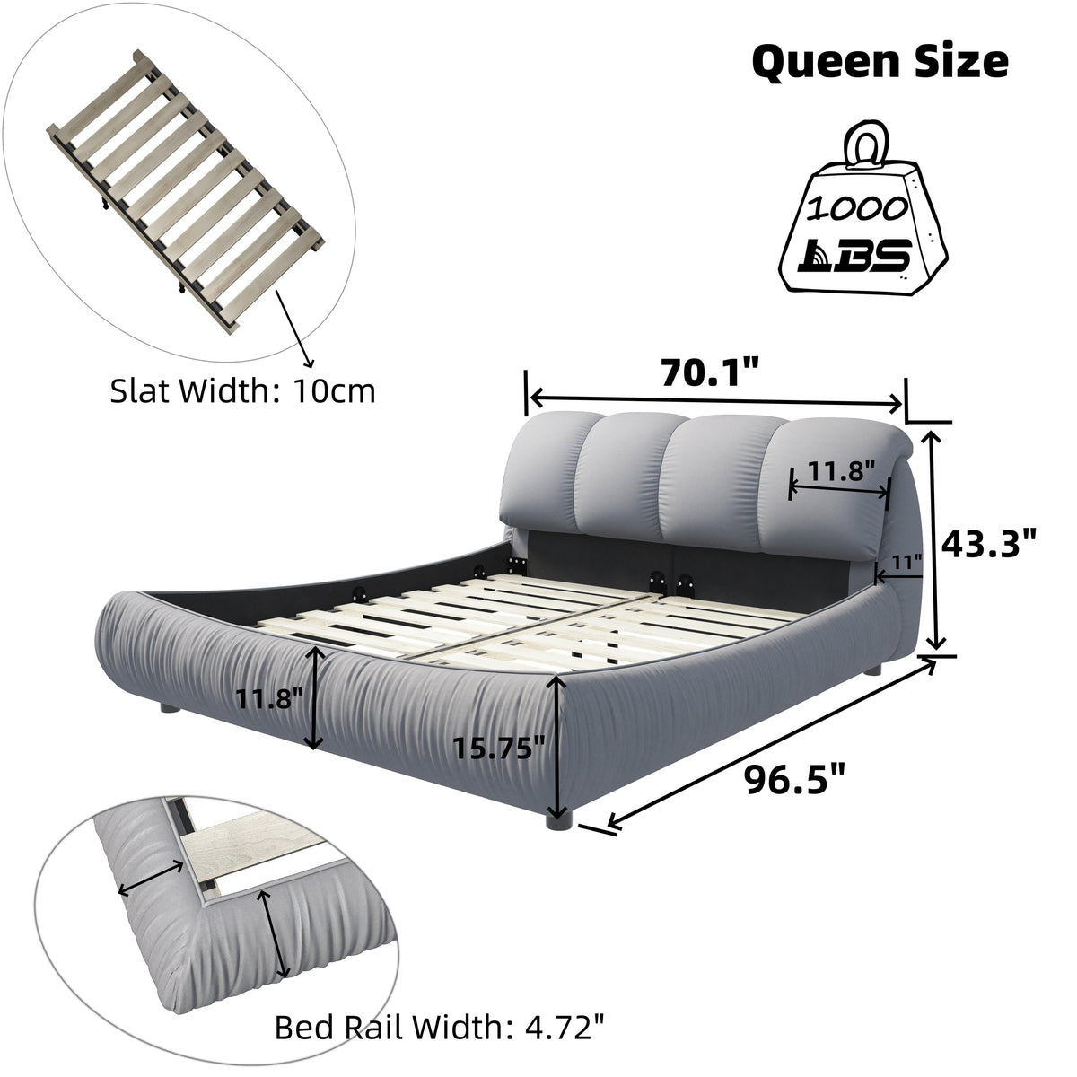 Calista Modern Queen Size Upholstered Platform Bed, Gray