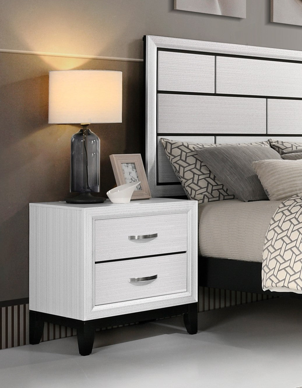 Mali Modern White Nightstand with Black Legs & Silver Handles