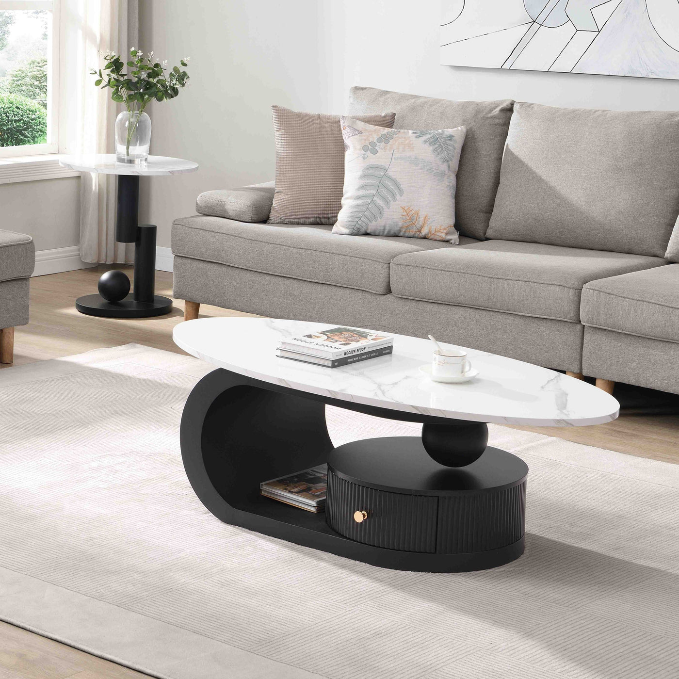 Flossie Modern Oval Nesting Table Set with Faux Marble Top, Black & White