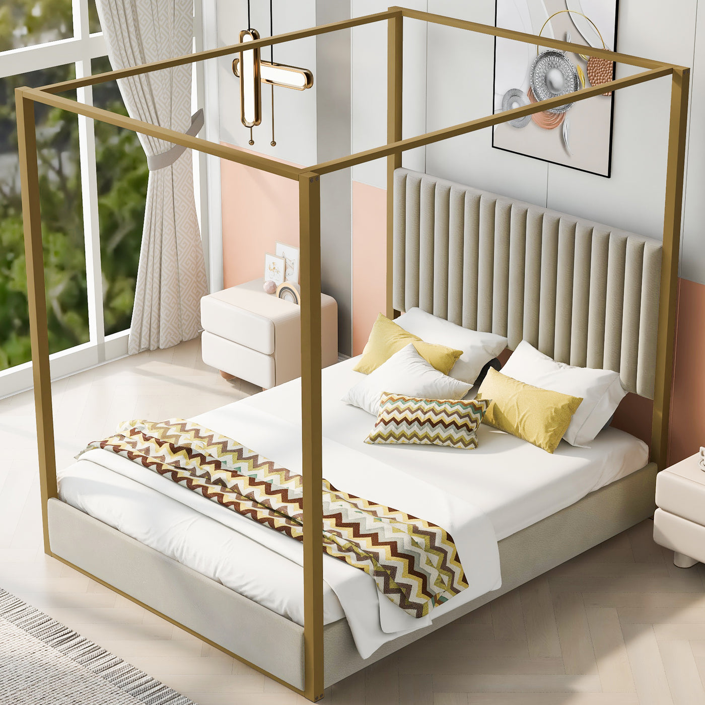 Veronica Queen Size Linen Canopy Bed with Metal Frame - Beige