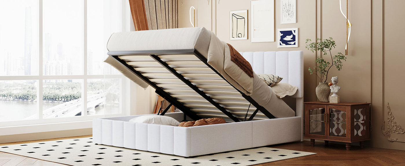Destiny Queen size Upholstered Platform bed with a Hydraulic Storage System - White