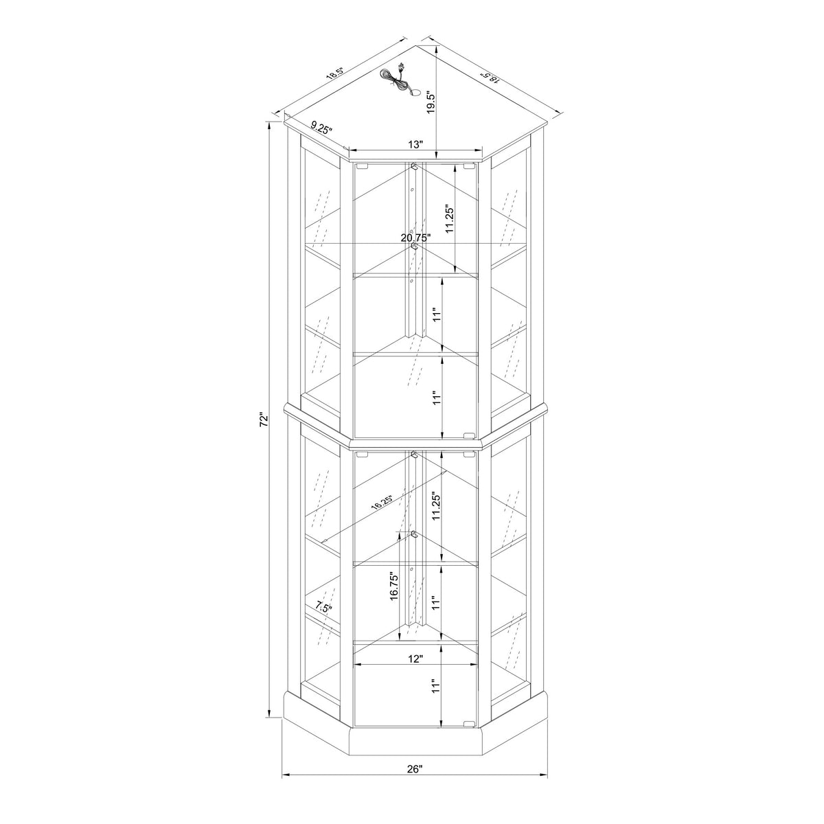 Irene 6-Shelf Corner Curio Cabinet with Adjustable Shelves, Oak
