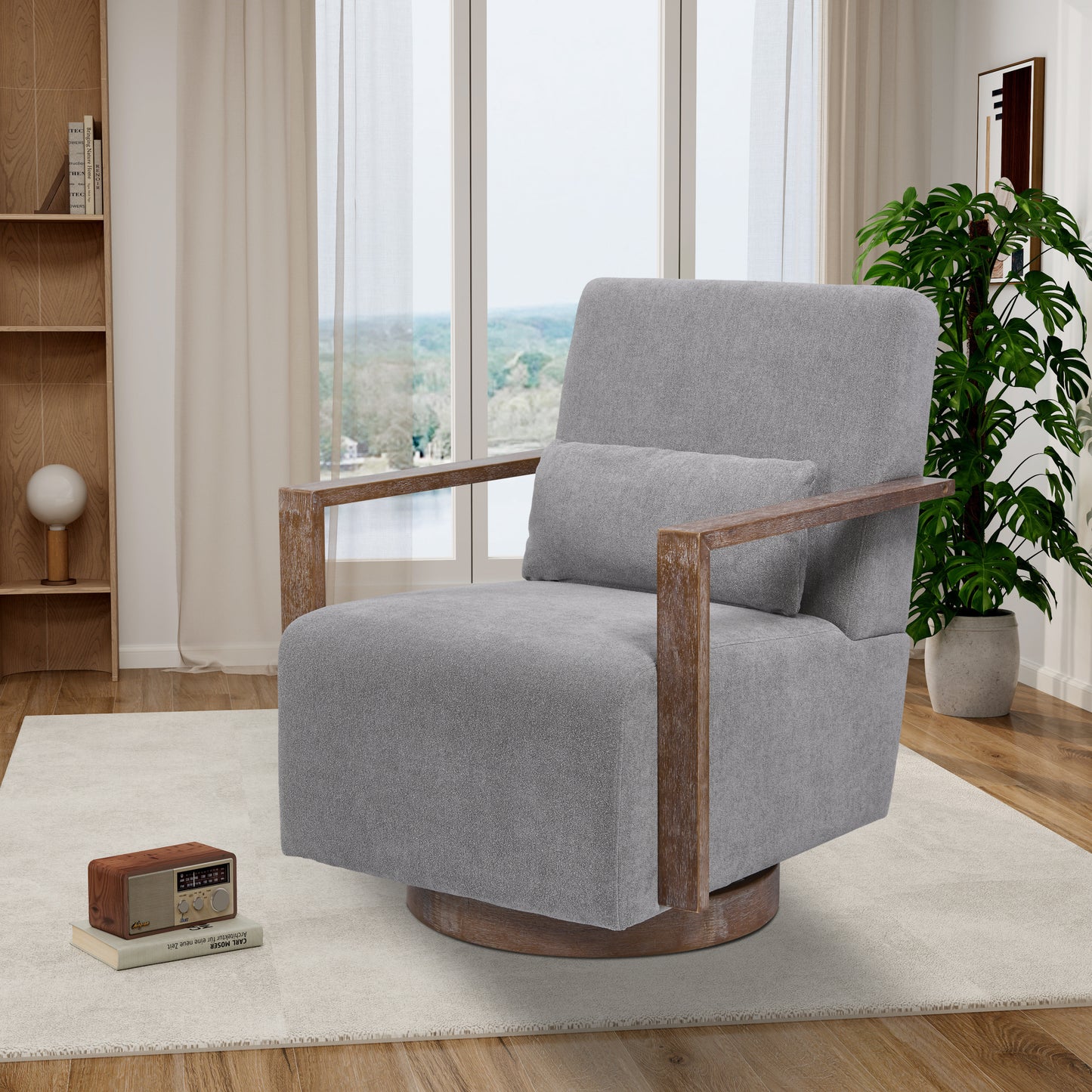 Tarren Linen Swivel Chair with Solid Wood Arms & Base - Gray