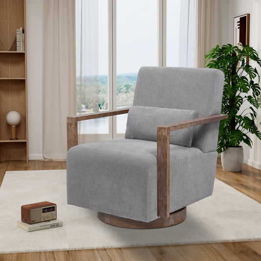 Tarren Linen Swivel Chair with Solid Wood Arms & Base - Gray
