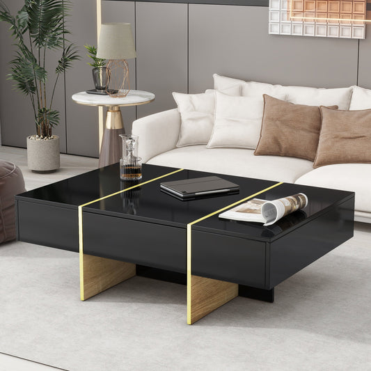 Beline Modern High Gloss Coffee Table with 2-Drawers, Black & Gold