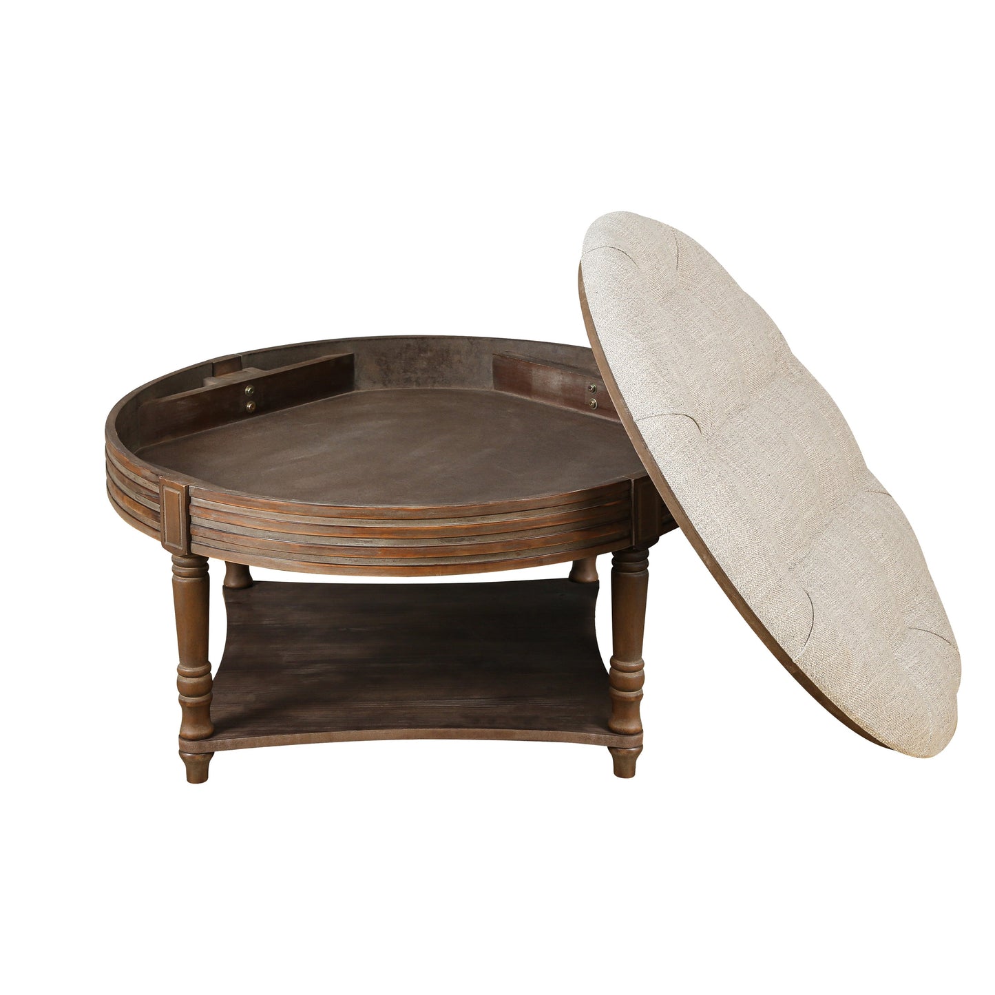 Hartford Large Round 2-Tier Ottoman Coffee Table with Tufted Linen Top