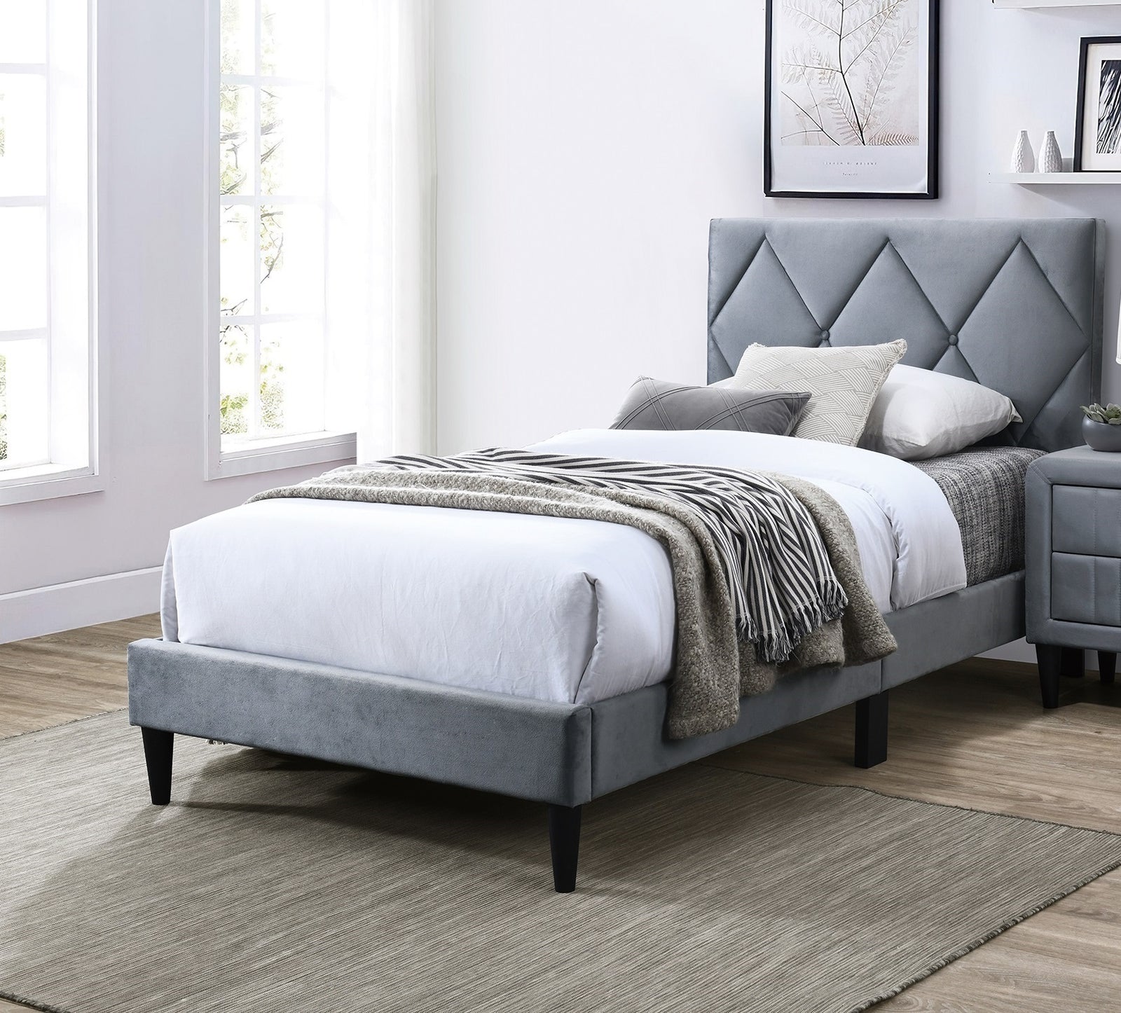 Olivia Twin Platform Bed w Adjustable Headboard, Gray