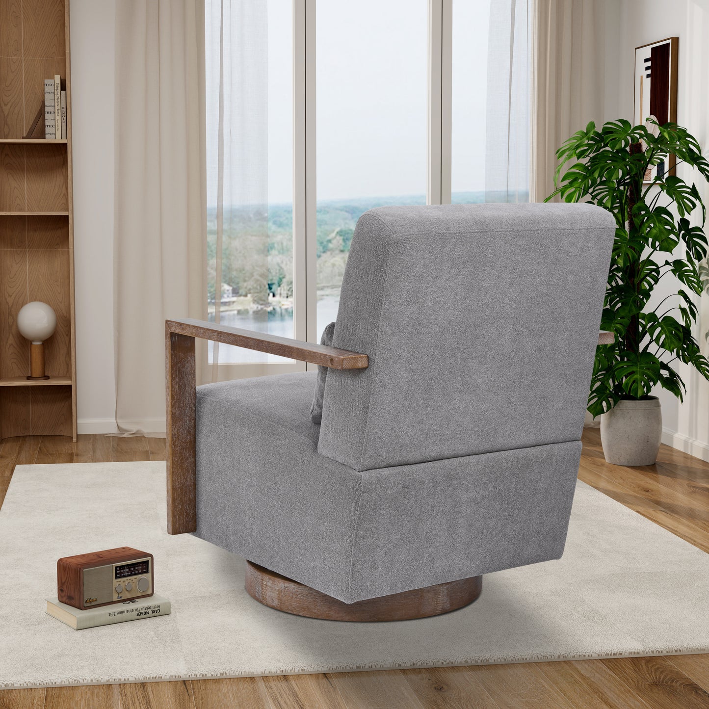 Tarren Linen Swivel Chair with Solid Wood Arms & Base - Gray