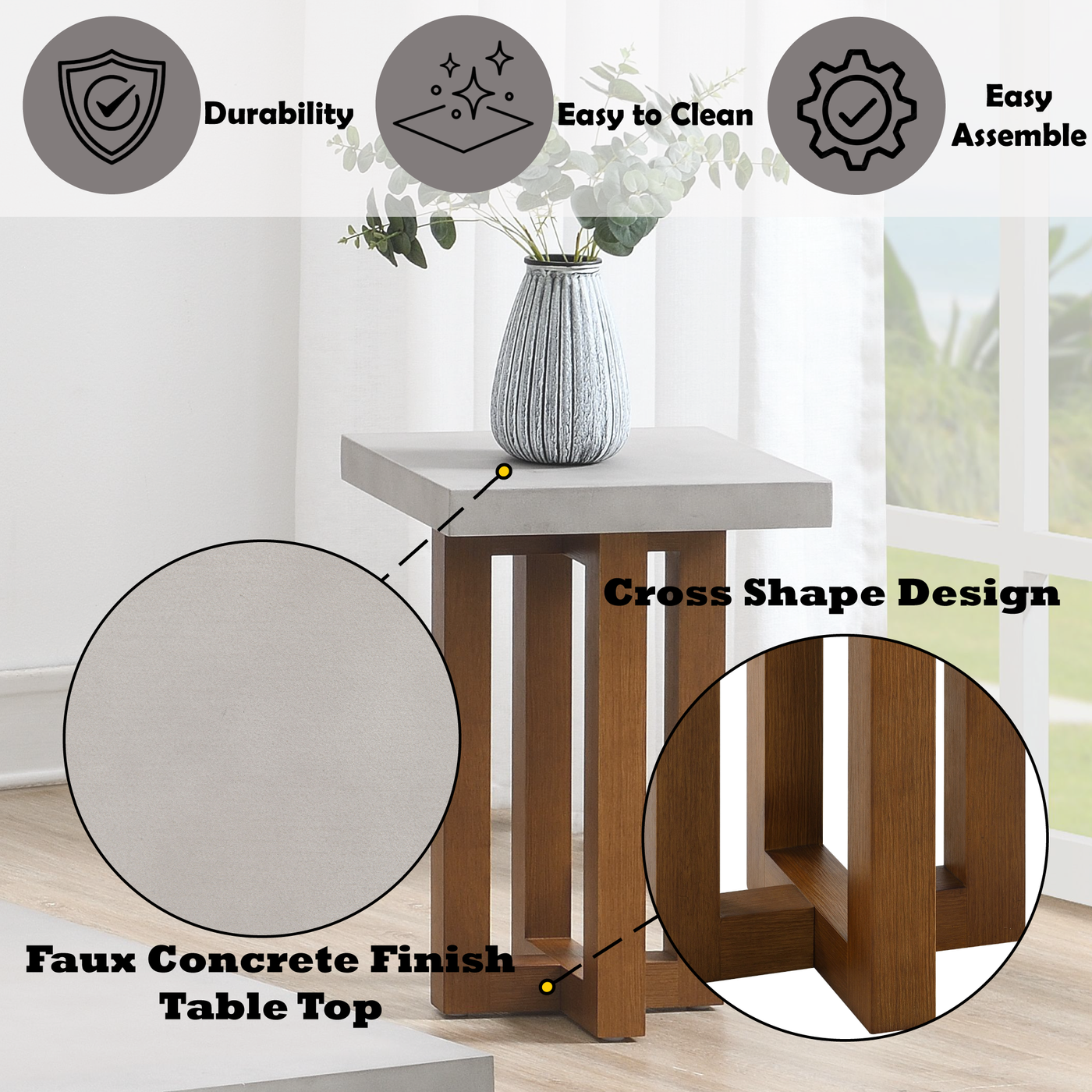 Keven Faux Concrete Top & Walnut Finish End Table