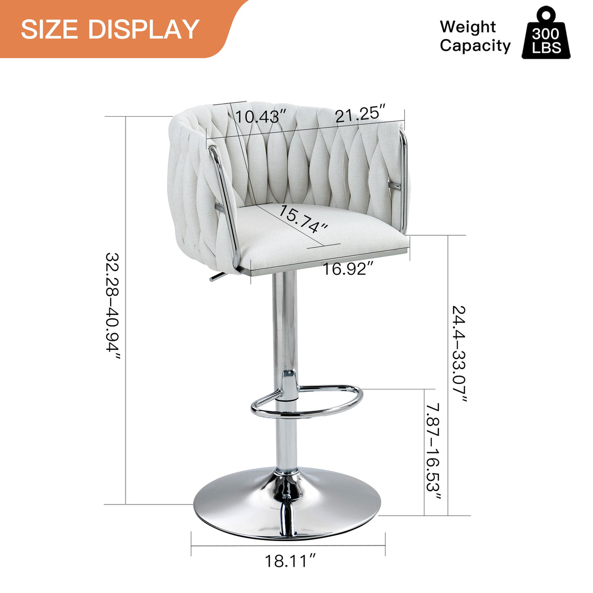 Stylish Fabric 360 Swivel Bar Stools with Woven Back and Adjustable Height Set of 2 Beige