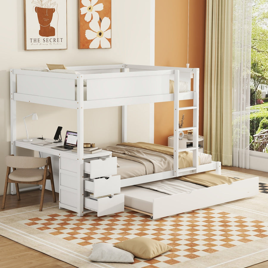 Stewart Full-Over-Full Bunk Bed with Twin size Trundle, Storage and Desk, White