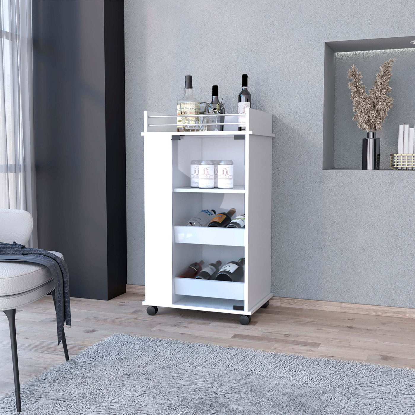 Willow Park Glass Door Bar Cart with Bottle Holder and Casters White