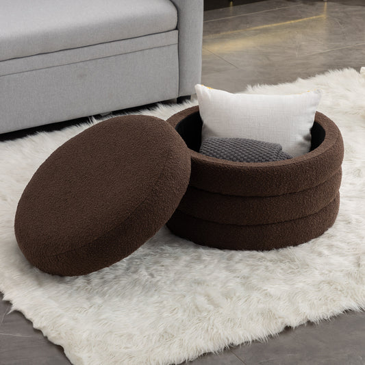 Ashley Boucle Upholstered Round Storage Ottoman - Brown