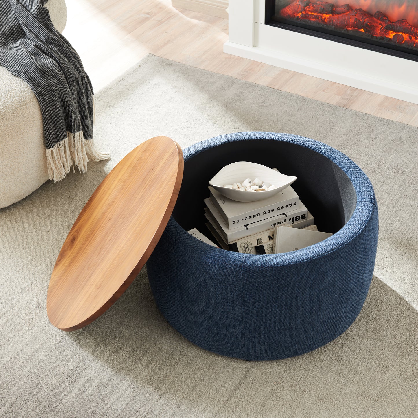 Jules Round Upholstered Storage Ottoman with Wooden Top, Blue