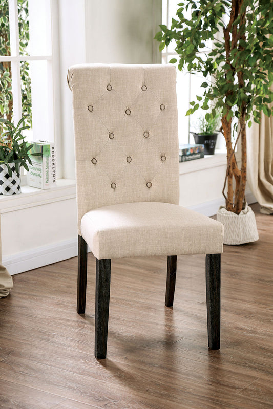 Madeline Button Tufted Linen Side Chairs with Black Legs, Ivory