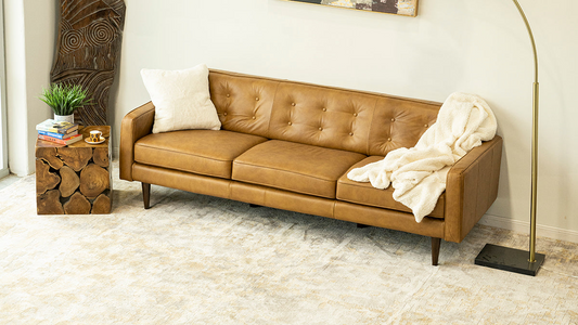Braxton Mid-Century Modern Top Grain Leather Sofa, Tan