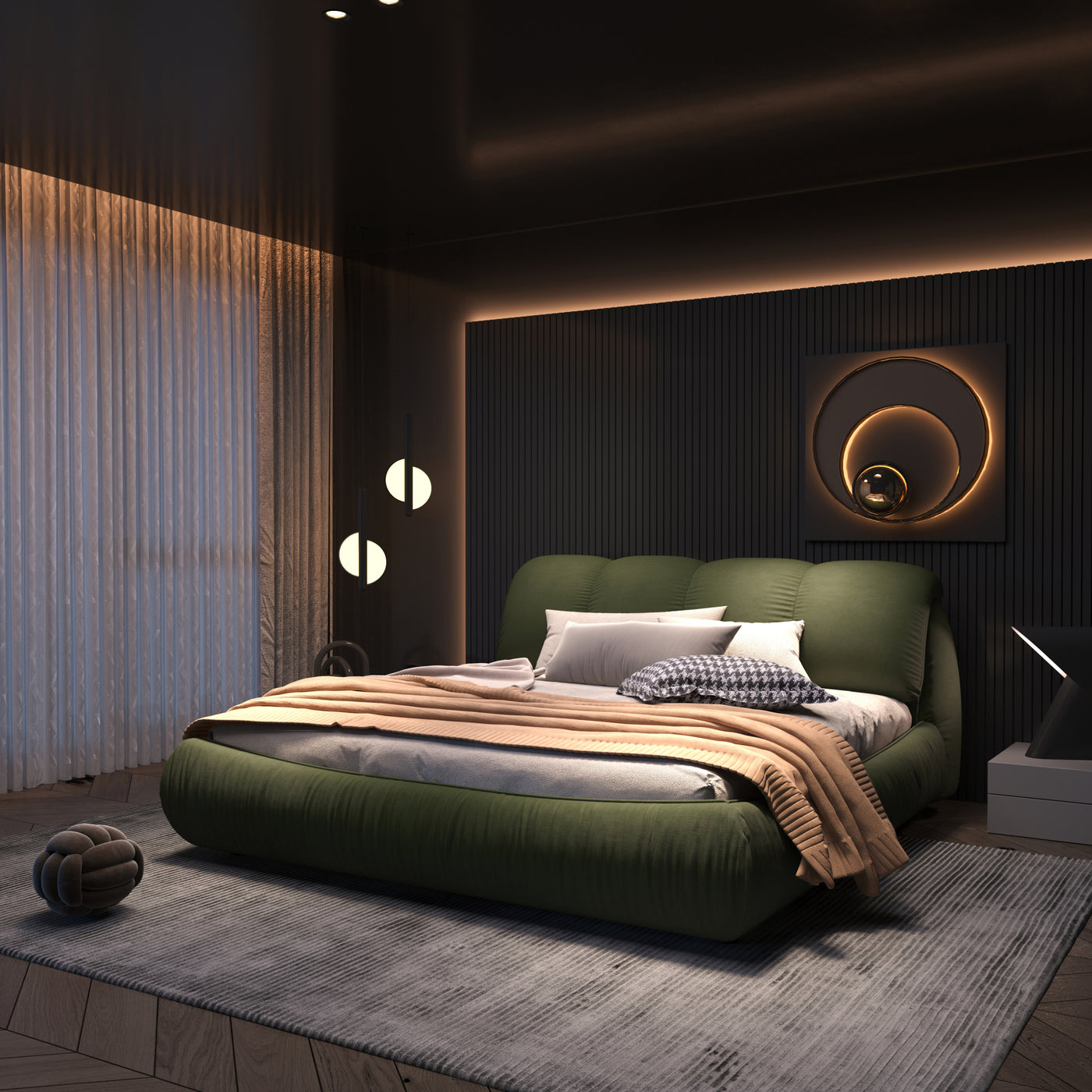 Calista Modern King Platform Bed with Oversized Padded Headboard, Green
