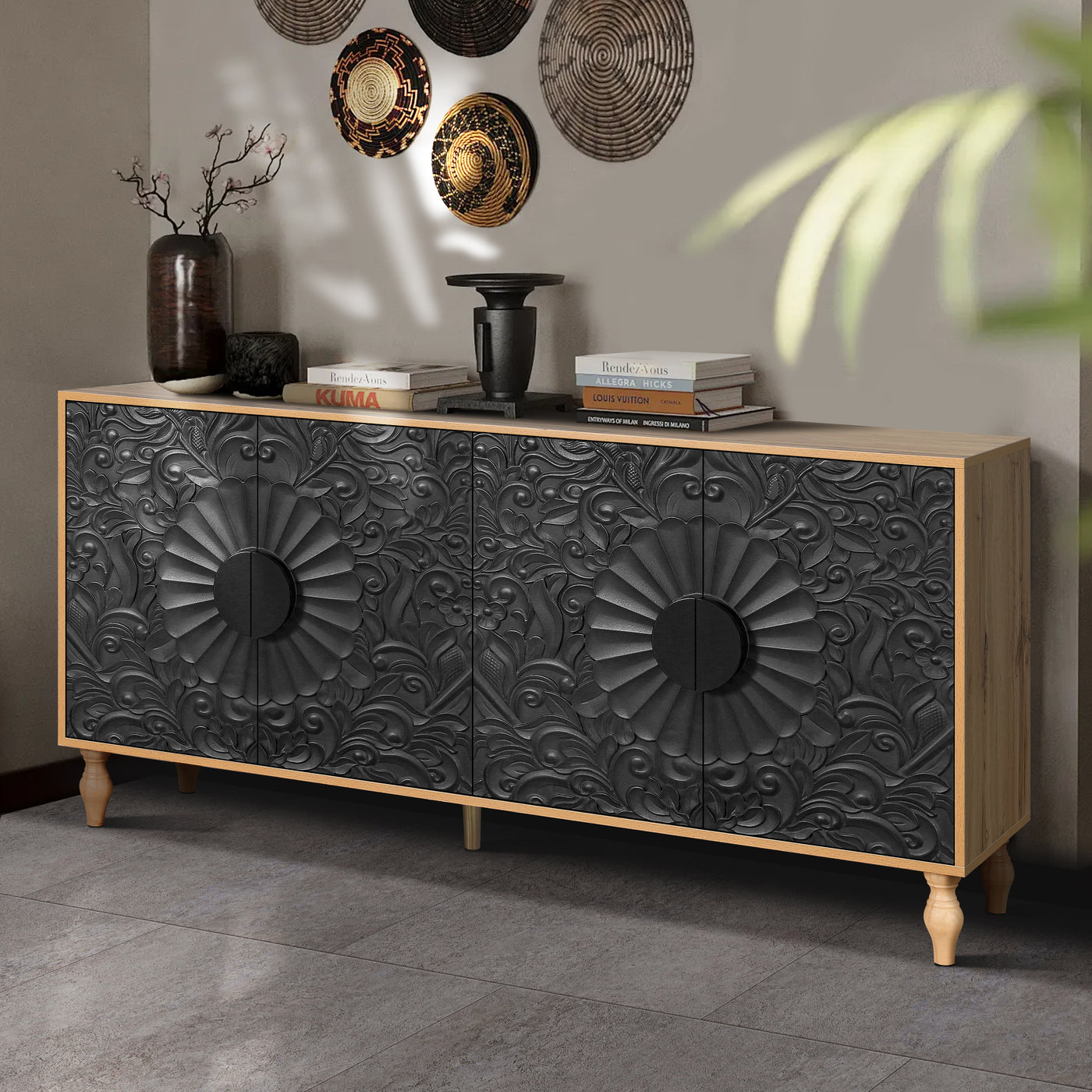 Finian Large Faceted Carved 4-Door Cabinet in Vintage Black & Natural