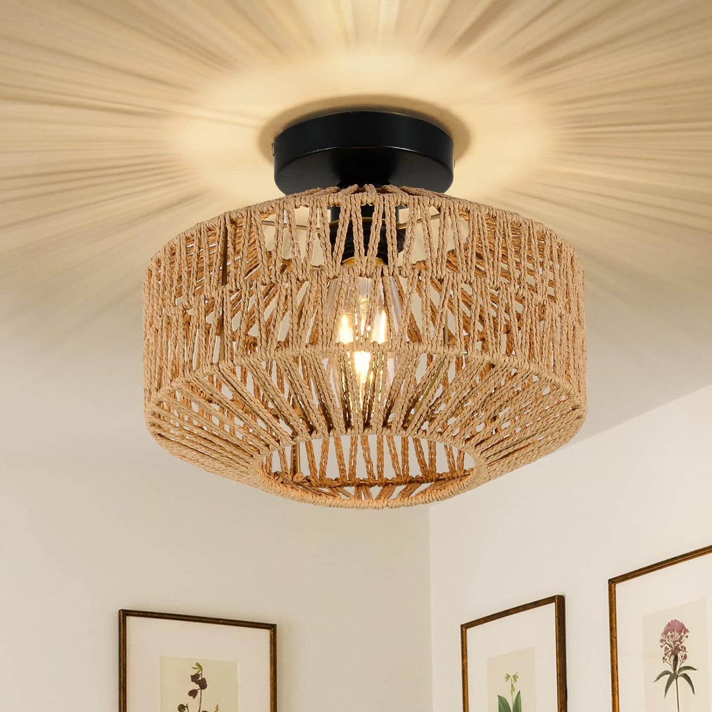 Mini Rattan Chandelier Light Fixture with Dimmable LED Bulb