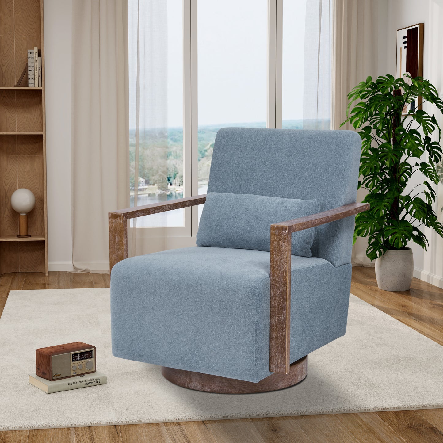 Tarren Linen Swivel Chair with Solid Wood Arms & Base - Pale Blue