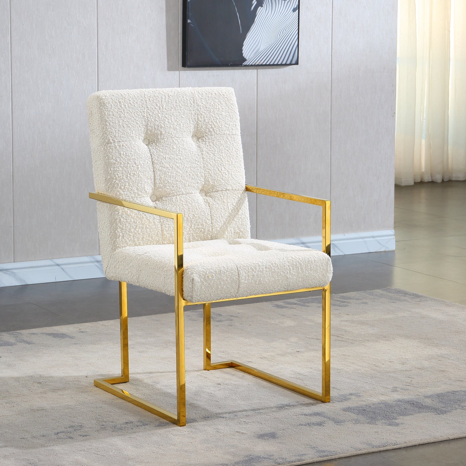 Brax Modern Linen Arm Chair with Gold Frame - White