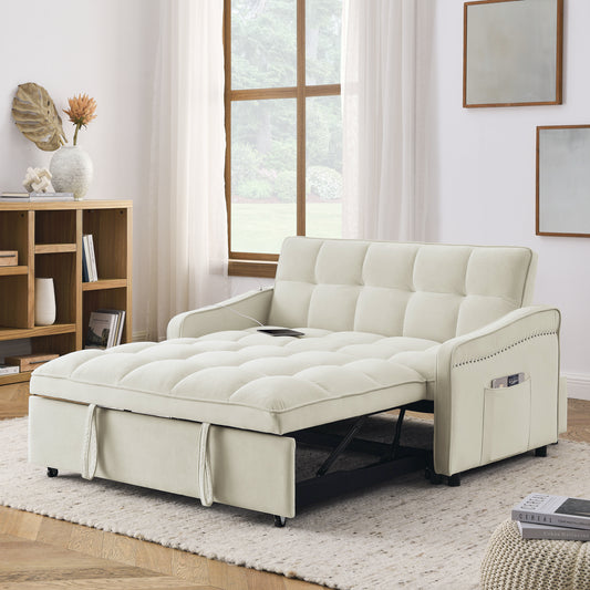 Zoe Velvet Loveseat Sofa Bed with Pockets & USB Charging, Beige